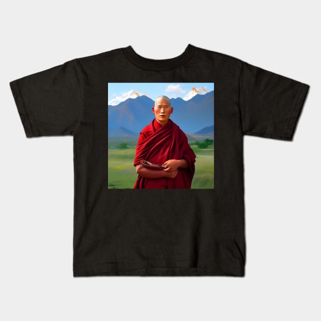 Portrait of Tibetan monk Kids T-Shirt by Colin-Bentham